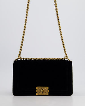 *HOT* Chanel Black Velvet Chevron Medium Boy Bag with CC Logo and Antique Gold Hardware