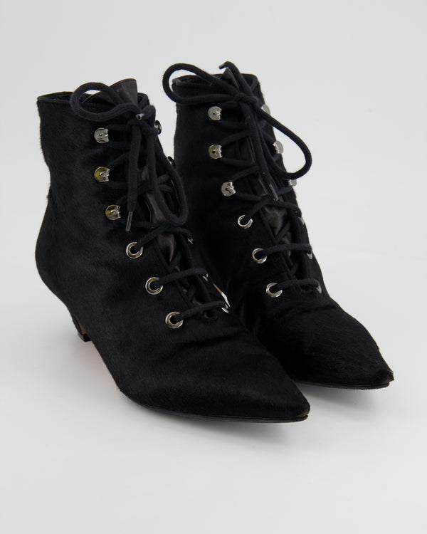 Christian Dior Black Ponyhair Lace Up Pointed Boots Size EU 40