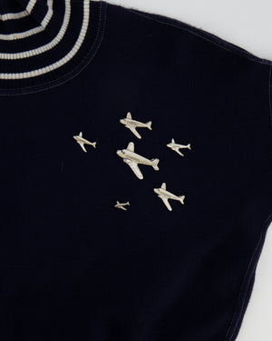 *HOT* Chanel Airline Collection Navy Cashmere Jumper and Mini Skirt Set with Silver Logo Airplane Appliqués Size FR 38 (UK 10)