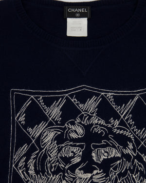 Chanel Navy Cashmere Long-Sleeve Jumper with White CC Logo Embroidery Size FR 38 (UK 10)