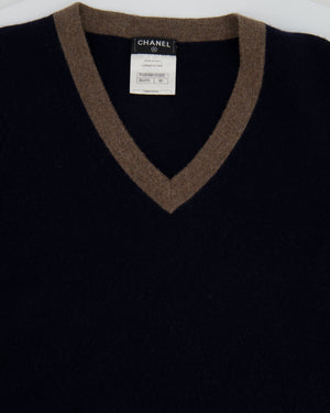 Chanel Navy Cashmere Jumper with Metallic Brown Details and CC Logo Buttons Size FR 40 (UK 12)