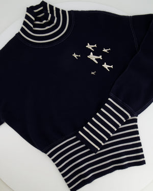 *HOT* Chanel Airline Collection Navy Cashmere Jumper and Mini Skirt Set with Silver Logo Airplane Appliqués Size FR 38 (UK 10)