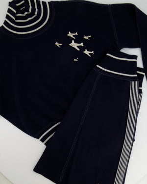 *HOT* Chanel Airline Collection Navy Cashmere Jumper and Mini Skirt Set with Silver Logo Airplane Appliqués Size FR 38 (UK 10)