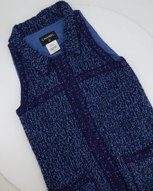 Chanel Blue Tweed Sleeveless Dress with Pockets and CC Button Detail Size FR 38 (UK 10)