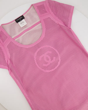 Chanel Pink Lambskin Leather Perforated Short-Sleeve Tunic Top with CC Logo Size FR 36 (UK 8)