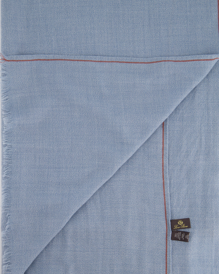 Loro Piana Wool Baby Blue Shawl Scarf with Red Stitch Detail