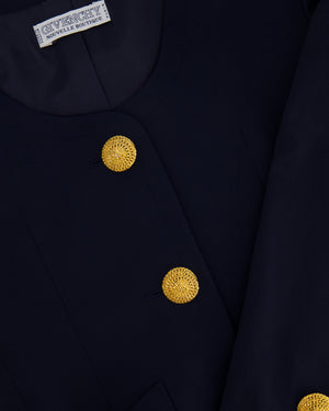 Givenchy Vintage Navy Jacket and Skirt Set with Gold Textured Buttons Size FR 38 (UK 10)