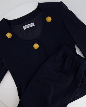 Givenchy Vintage Navy Jacket and Skirt Set with Gold Textured Buttons Size FR 38 (UK 10)