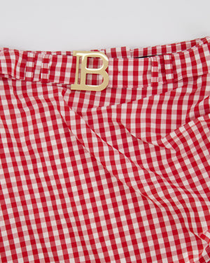 Balmain Red and White Vichy Printed Shirt and Mini Ruffle Skirt Set with Gold Logo Detail Size FR 38 (UK 10)