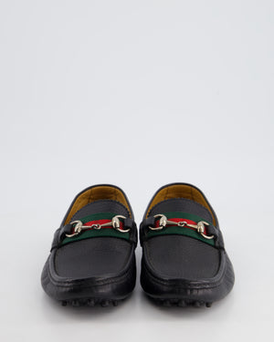 Gucci Men
s Black Driver Horsbit Loafers with Iconic Stripe Pattern Ribbon in Grained Calf Leather Size EU 40