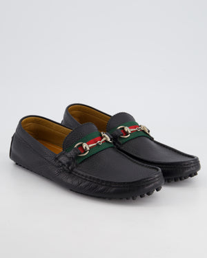 Gucci Men
s Black Driver Horsbit Loafers with Iconic Stripe Pattern Ribbon in Grained Calf Leather Size EU 40