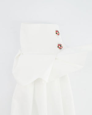 Chanel White Ruffle Shirt with Tie-Neck and Red, Blue CC Logo Button Details Size FR 34 (UK 6)