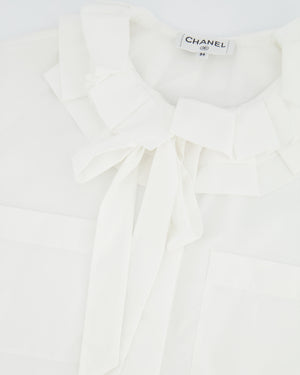 Chanel White Ruffle Shirt with Tie-Neck and Red, Blue CC Logo Button Details Size FR 34 (UK 6)