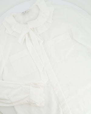 Chanel White Ruffle Shirt with Tie-Neck and Red, Blue CC Logo Button Details Size FR 34 (UK 6)