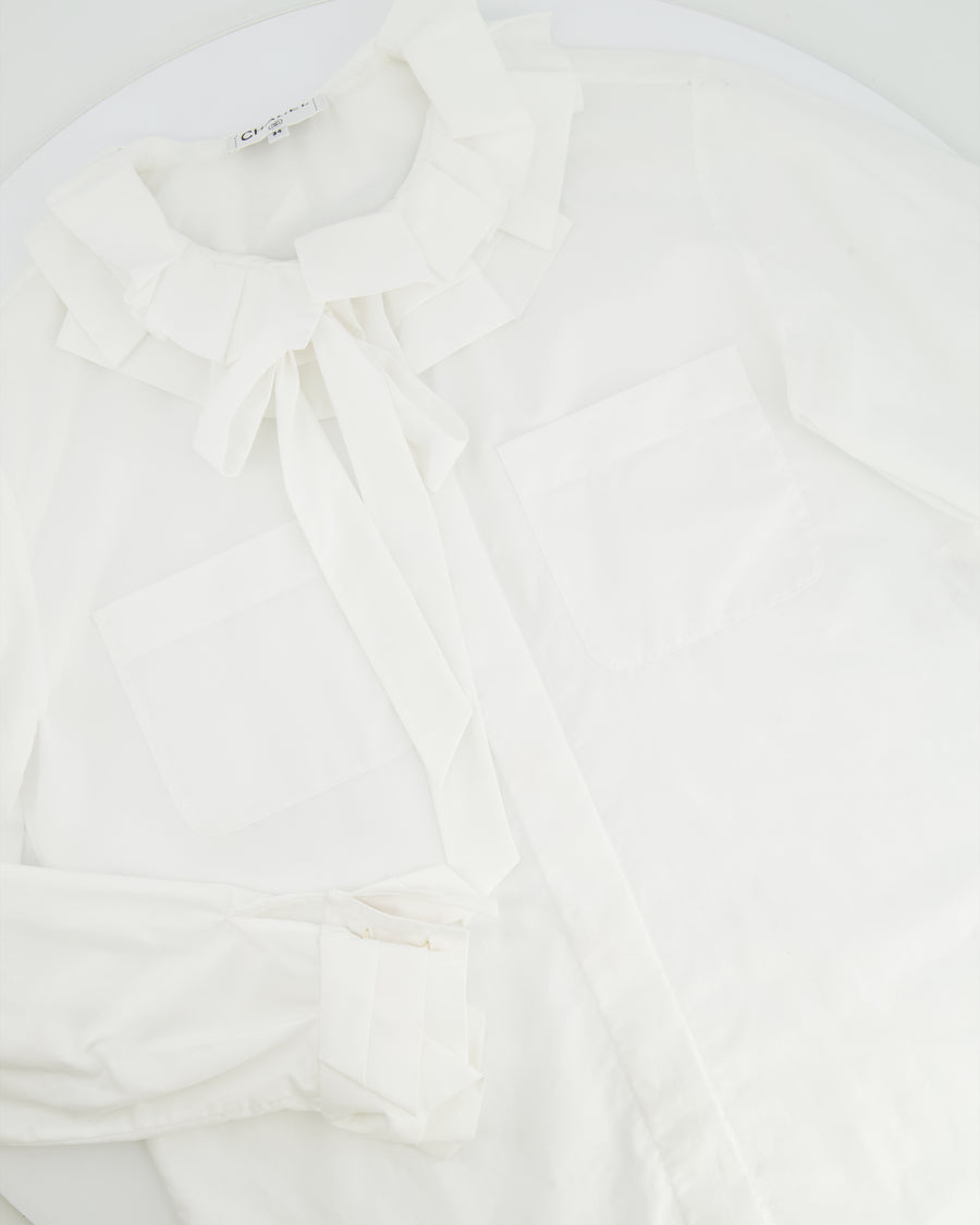 Chanel White Ruffle Shirt with Tie-Neck and Red, Blue CC Logo Button Details Size FR 34 (UK 6)