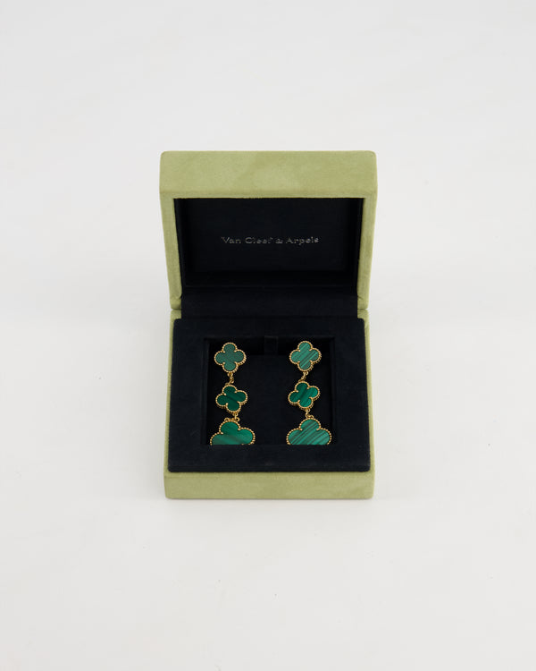 Van Cleef Arpels Alhambra 3 Motif Earrings in 18K Gold and Malachite RRP £9,450