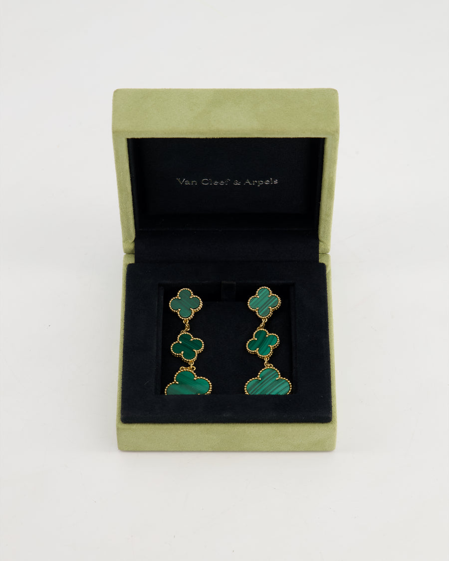 Van Cleef Arpels Alhambra 3 Motif Earrings in 18K Gold and Malachite RRP £9,450