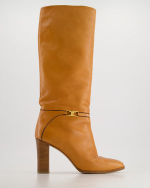 Celine Claude Tan Leather Boots with Wooden Heel and Celine Buckle Detail Size EU 40