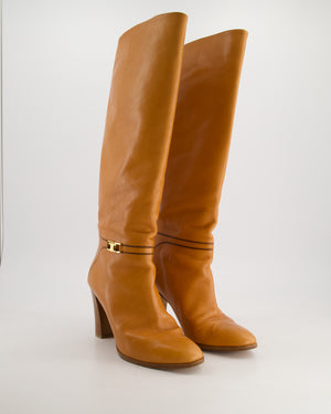 Celine Claude Tan Leather Boots with Wooden Heel and Celine Buckle Detail Size EU 40