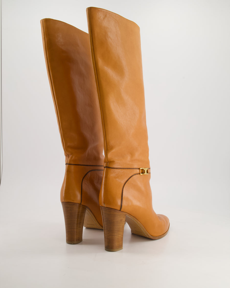 Celine Claude Tan Leather Boots with Wooden Heel and Celine Buckle Detail Size EU 40