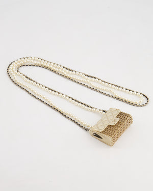 *RARE* Chanel 21S Champagne Gold Bag Charm Necklace with White Pearls 
Black Leather Chain Detail