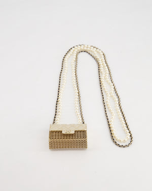 *RARE* Chanel 21S Champagne Gold Bag Charm Necklace with White Pearls 
Black Leather Chain Detail