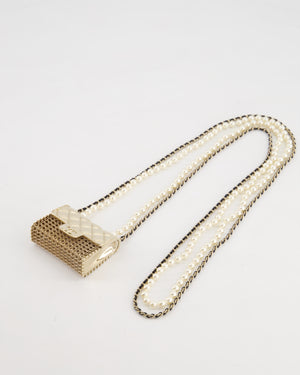 *RARE* Chanel 21S Champagne Gold Bag Charm Necklace with White Pearls 
Black Leather Chain Detail