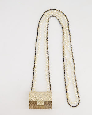 *RARE* Chanel 21S Champagne Gold Bag Charm Necklace with White Pearls 
Black Leather Chain Detail