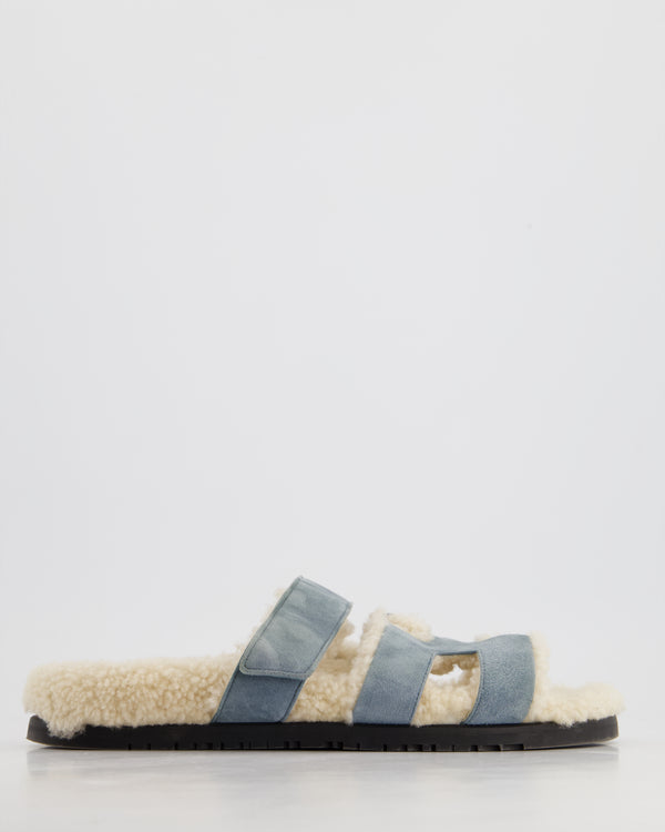 Hermès Blue Pinede and Ecru Shearling Chypre Sandals Size EU 40 RRP £880