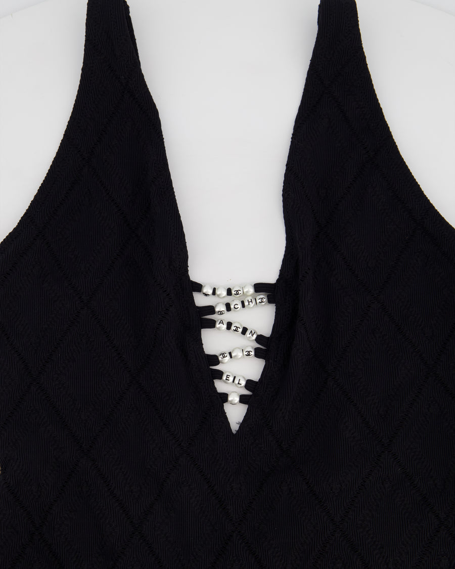 Chanel Black Geometric Cut-Out Onepiece Swimsuit with Pearl CC Logo Detail FR 38 (UK 10)