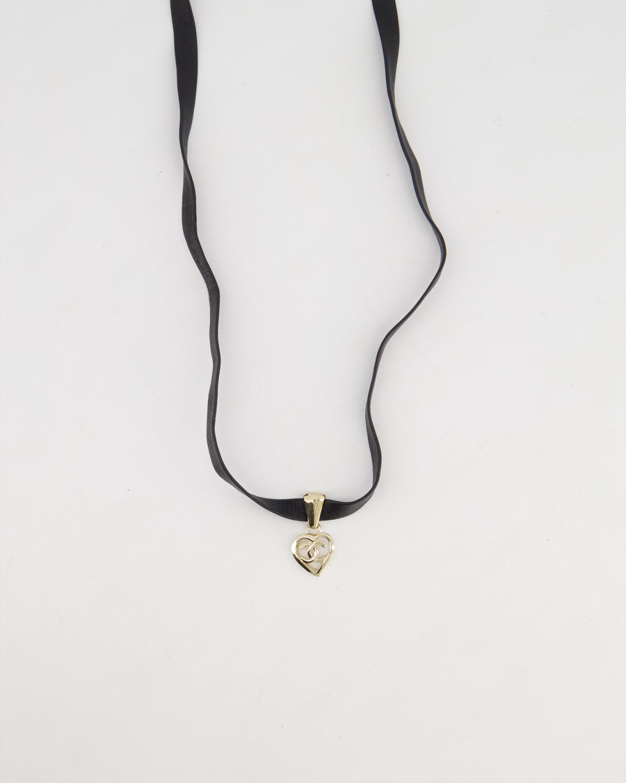 Chanel Black Leather Necklace with Champagne Gold CC Heart Pendant