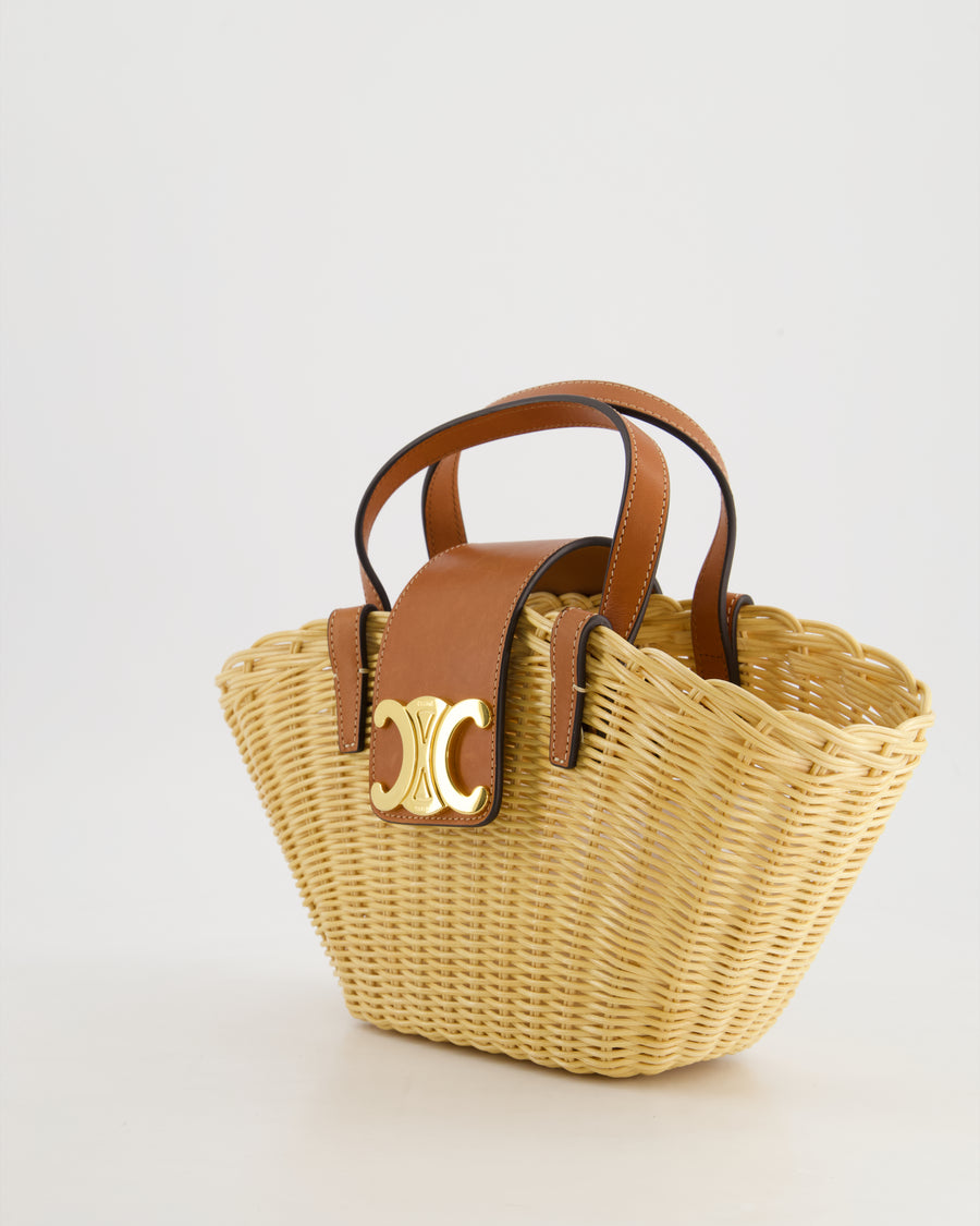 Celine Teen Couffin Basket Bag in Wicker and Neutral Calfskin Leather with Gold Logo