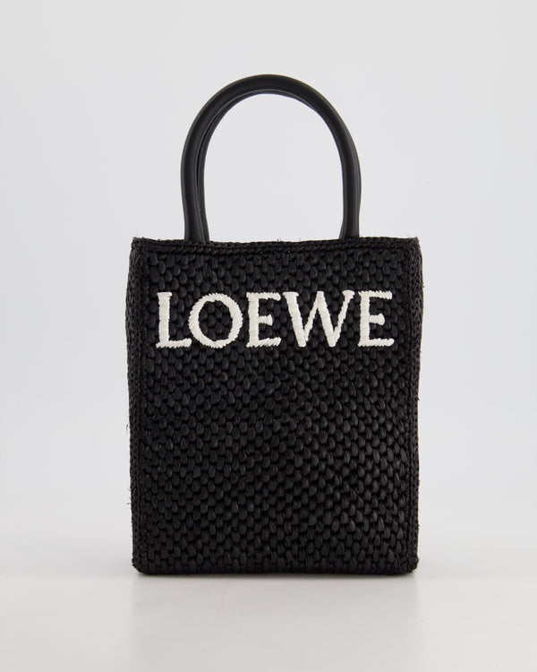 Loewe Black Small Woven Raffia Tote Bag with White Logo and Gold Hardware