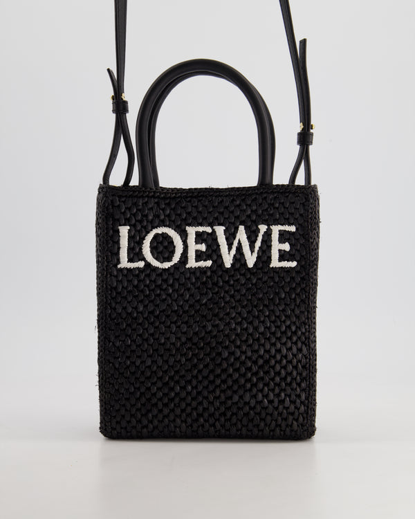 Loewe Black Small Woven Raffia Tote Bag with White Logo and Gold Hardware