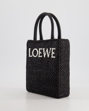 Loewe Black Small Woven Raffia Tote Bag with White Logo and Gold Hardware