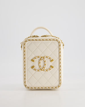 *HOT* Chanel White Calfskin Vertical Vanity Case with Gold Chain Trim Detail and Gold Hardware