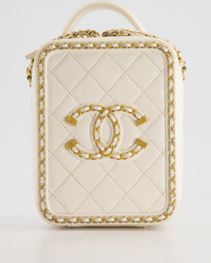 *HOT* Chanel White Calfskin Vertical Vanity Case with Gold Chain Trim Detail and Gold Hardware