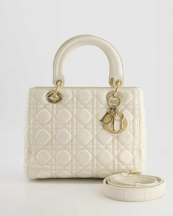 Christian Dior White Medium Lady Dior Bag in Cannage Lambskin with Champagne Gold Hardware