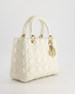 Christian Dior White Medium Lady Dior Bag in Cannage Lambskin with Champagne Gold Hardware