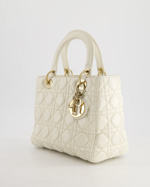 Christian Dior White Medium Lady Dior Bag in Cannage Lambskin with Champagne Gold Hardware