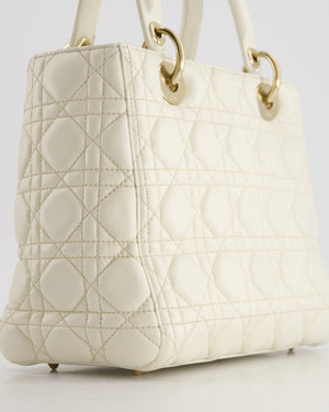 Christian Dior White Medium Lady Dior Bag in Cannage Lambskin with Champagne Gold Hardware