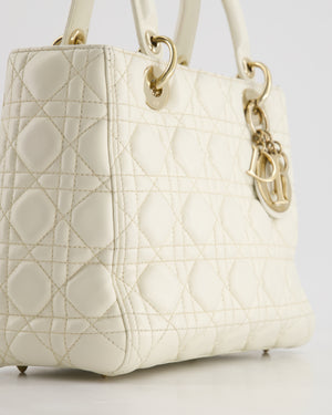 Christian Dior White Medium Lady Dior Bag in Cannage Lambskin with Champagne Gold Hardware