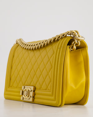 Chanel Mustard Yellow Medium Boy Bag in Calfskin Leather with Antique Gold Hardware