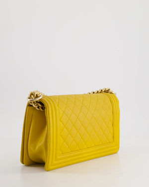 Chanel Mustard Yellow Medium Boy Bag in Calfskin Leather with Antique Gold Hardware