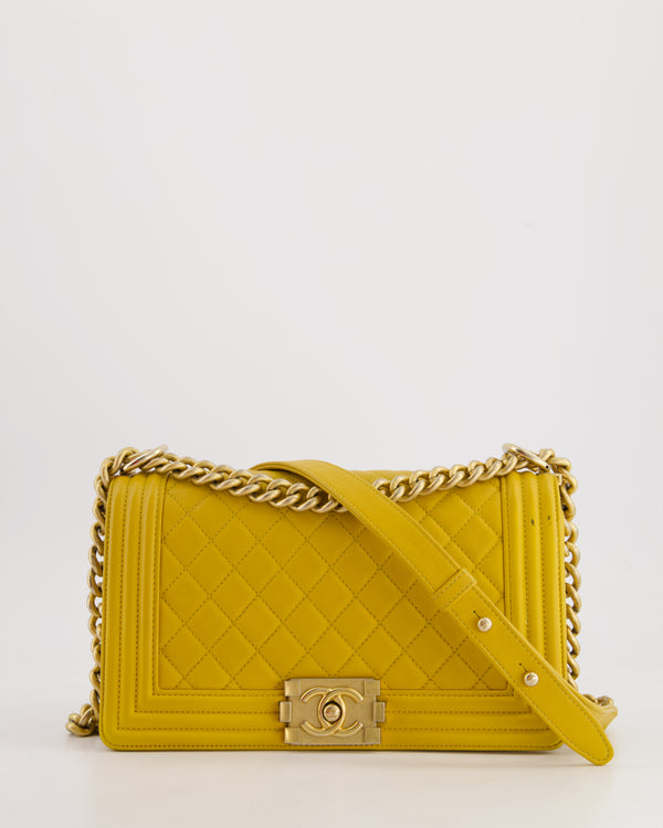 Chanel Mustard Yellow Medium Boy Bag in Calfskin Leather with Antique Gold Hardware