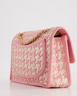 Chanel 23C Pink Woven Flap Bag with Leather Edge Detail and Brushed Gold Hardware