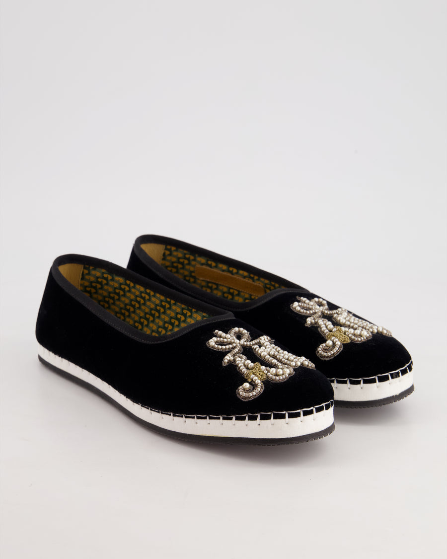 Gucci Black Velvet Ballet Espadrilles with AM "Alessandro Michele" Embroidery Detail Size EU 38.5