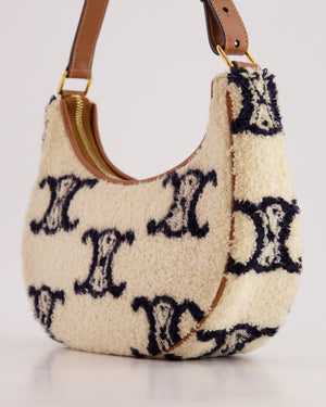 Celine Cream Ava Bag in Shearling with Brown Leather Strap and Gold Hardware Bag