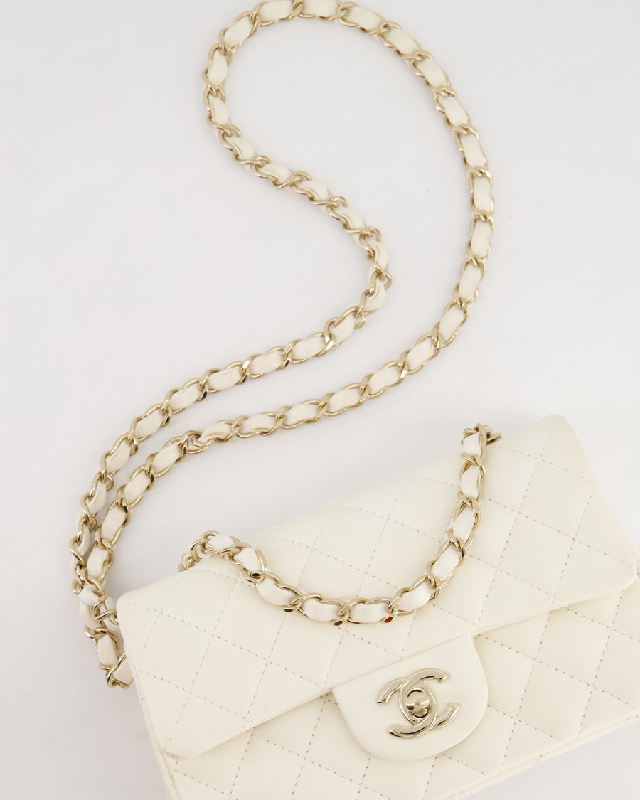 *HOT* Chanel Ivory Mini Rectangular Flap Bag in Lambskin Leather with Champagne Gold Hardware