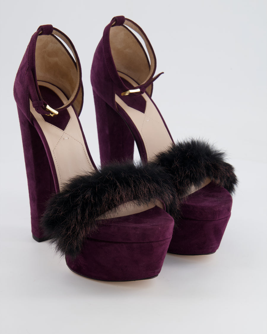 Elie Saab Purple Suede Platform High Heels with Mink Fur Detail Size EU 38